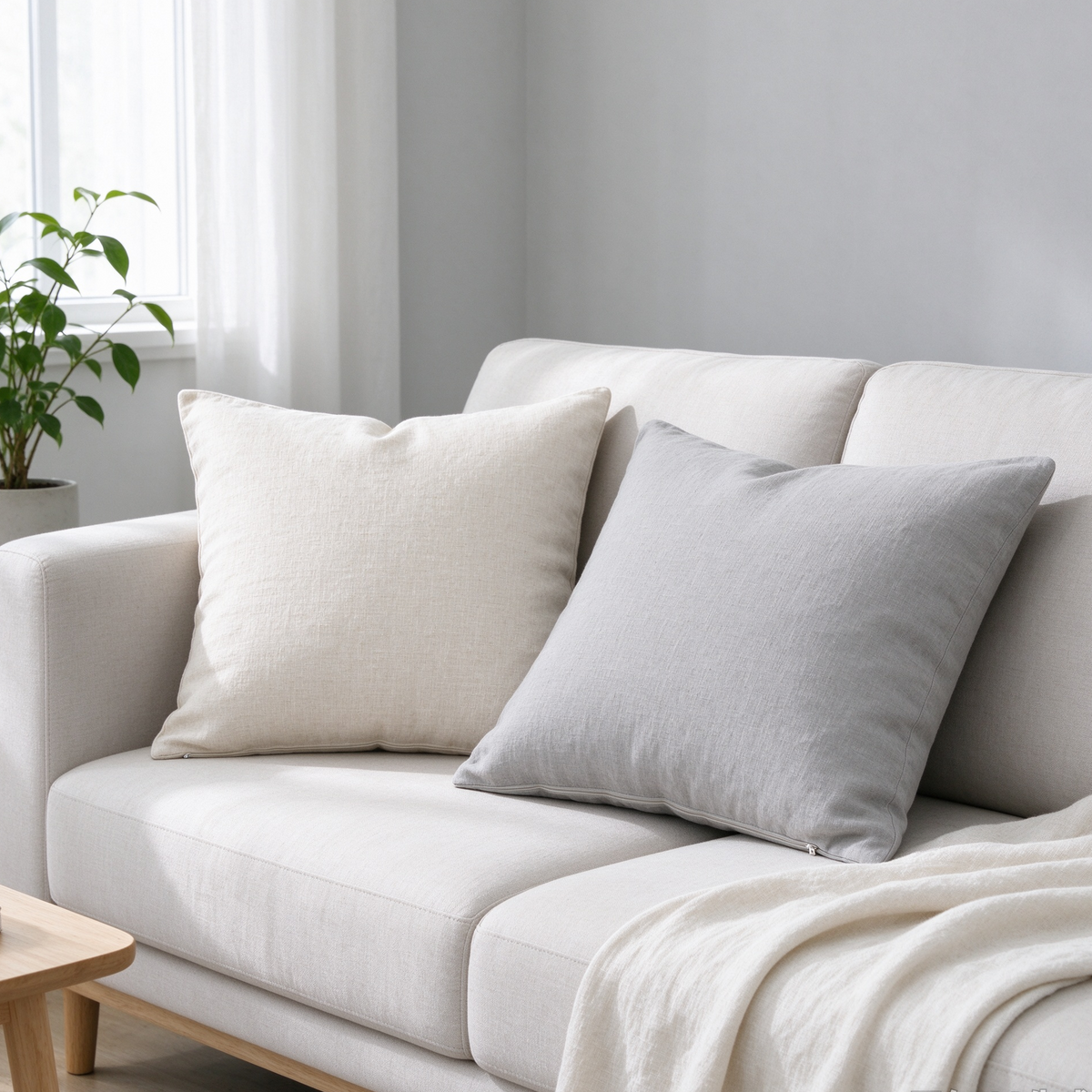 Sada 2 povlaků na polštáře z praného lnu 45×45 cm – ovesná a světle šedá