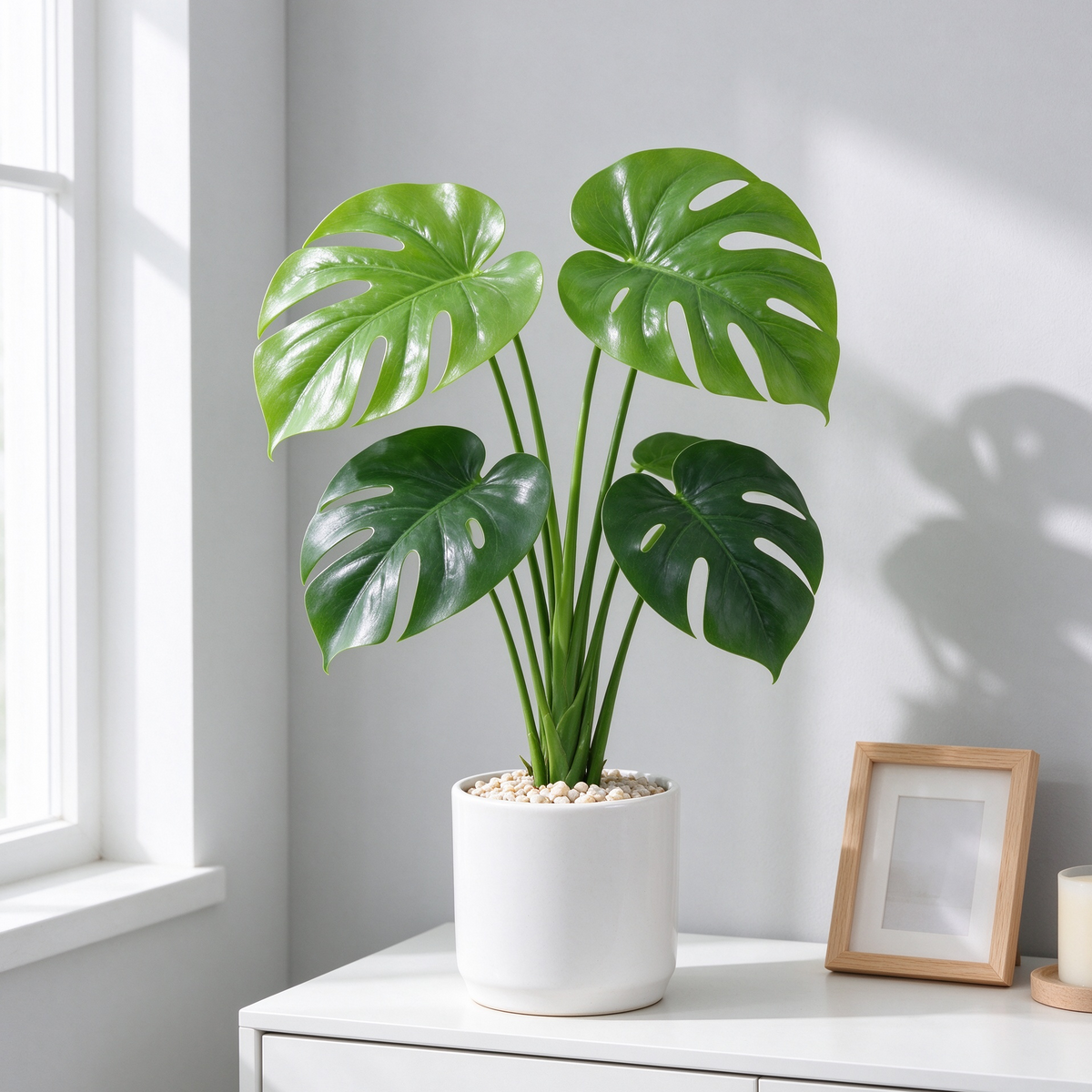 Umělá rostlina monstera v bílém keramickém květináči – realistická, 50 cm