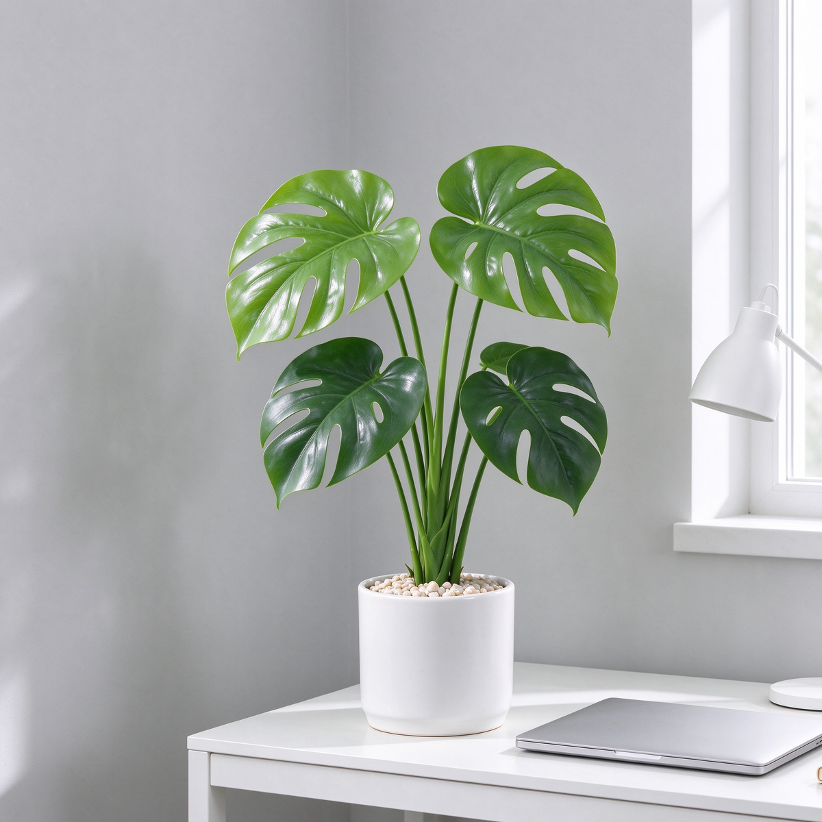 Umělá rostlina monstera v bílém keramickém květináči – realistická, 50 cm