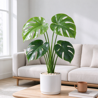 Umělá rostlina monstera v bílém keramickém květináči – realistická, 50 cm
