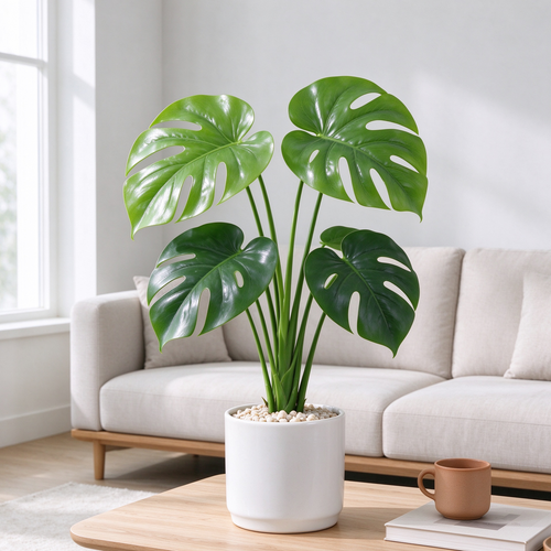Umělá rostlina monstera v bílém keramickém květináči – realistická, 50 cm